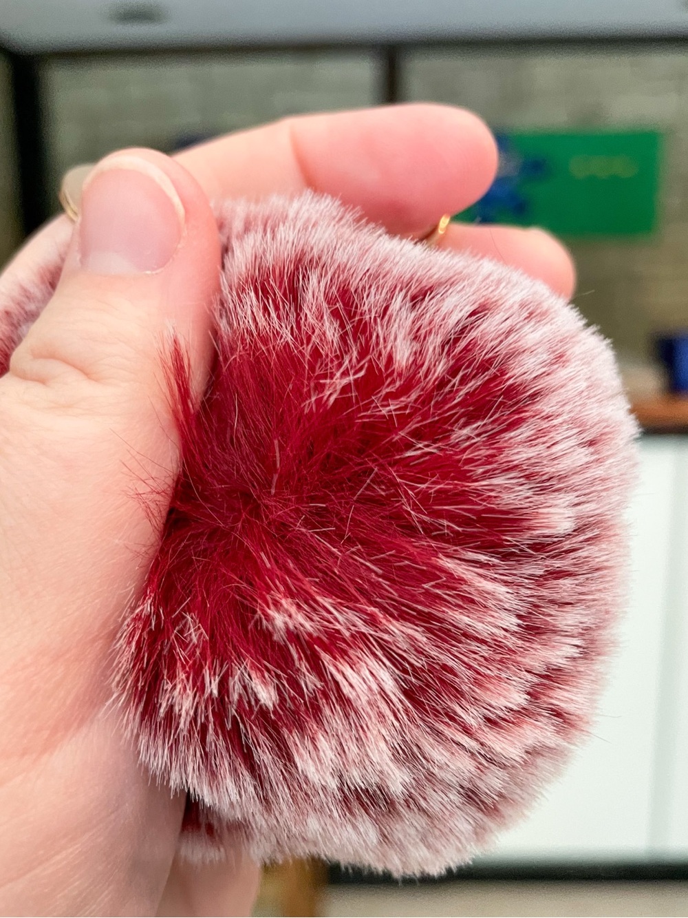 Faux Fur Pom-Pom Keychain Purse Bag Backpack Charm Keyring - Dark Red - Picture 5 of 5